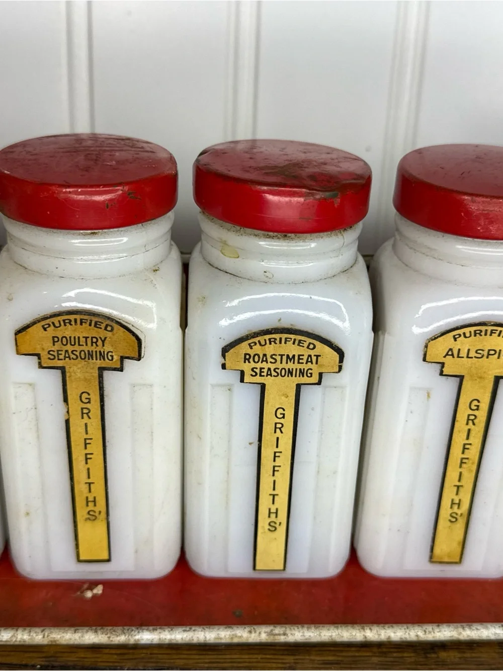 Vintage 1940s Griffith's Milk Glass Jars Spice Rack Set of 6 w/ original metal r